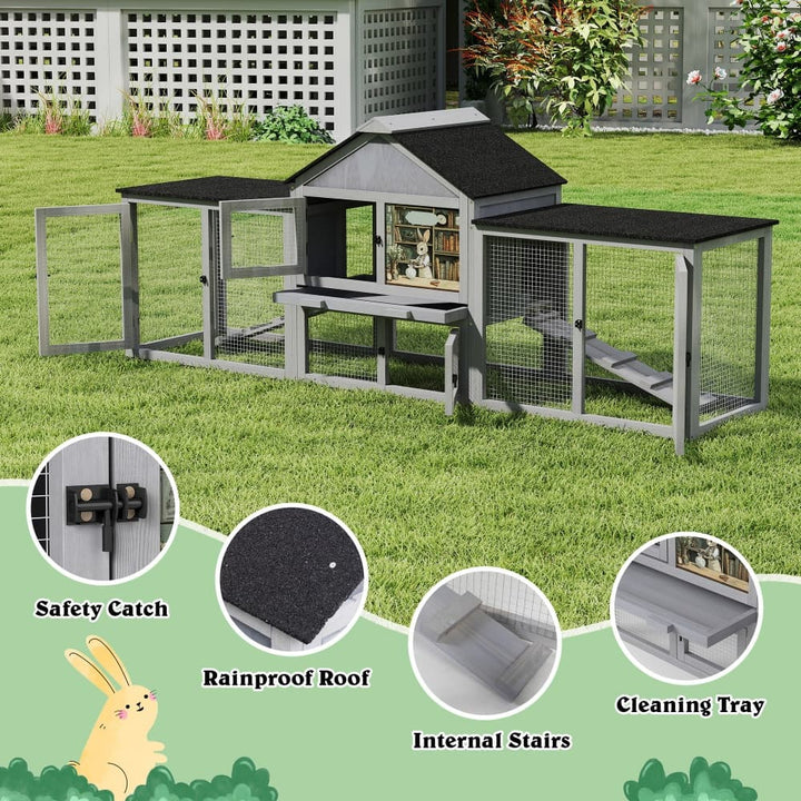 Coziwow 82″L 3-Compartment Double Rabbit Hutch Gray Patterned-CW12B0721