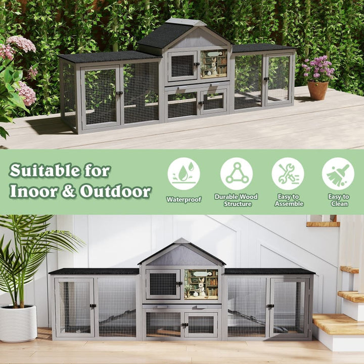 Coziwow 82″L 3-Compartment Double Rabbit Hutch Gray Patterned-CW12B0721
