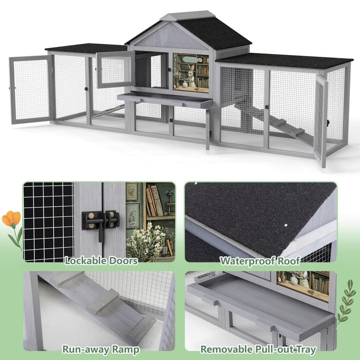 Coziwow 82″L 3-Compartment Double Rabbit Hutch Gray Patterned-CW12B0721