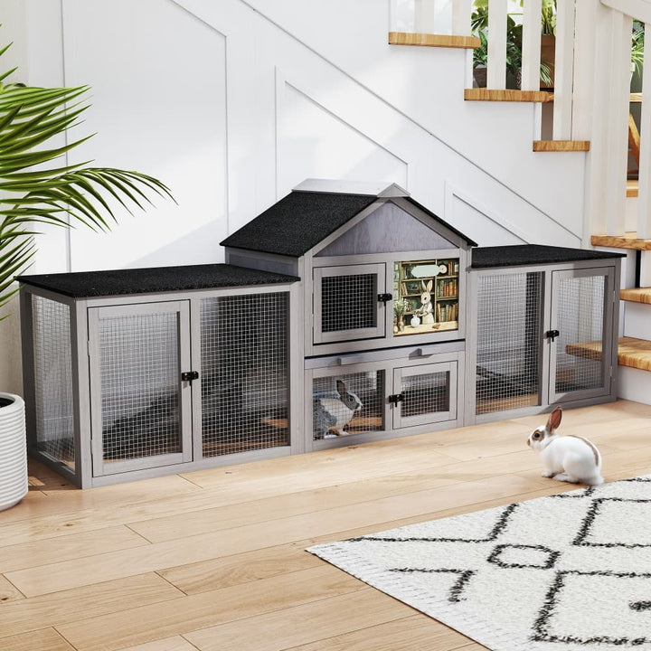 Coziwow 82″L 3-Compartment Double Rabbit Hutch Gray Patterned-CW12B0721