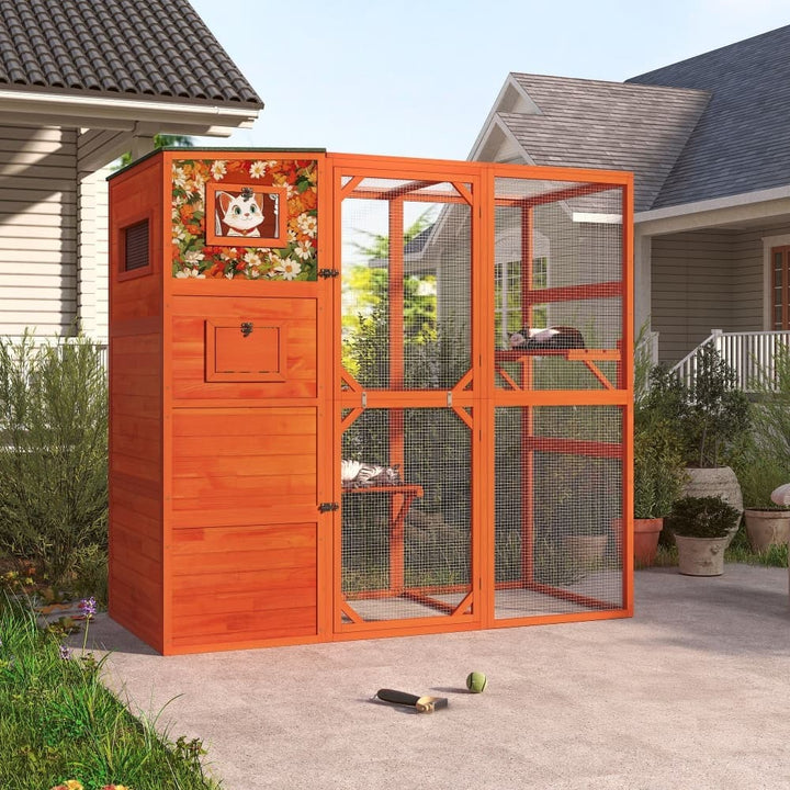Coziwow 76″L 4-Tier Custom Outdoor Cat Enclosure Orange Patterned-CW12E0722