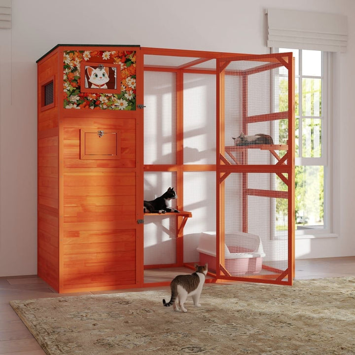Coziwow 76″L 4-Tier Custom Outdoor Cat Enclosure Orange Patterned-CW12E0722