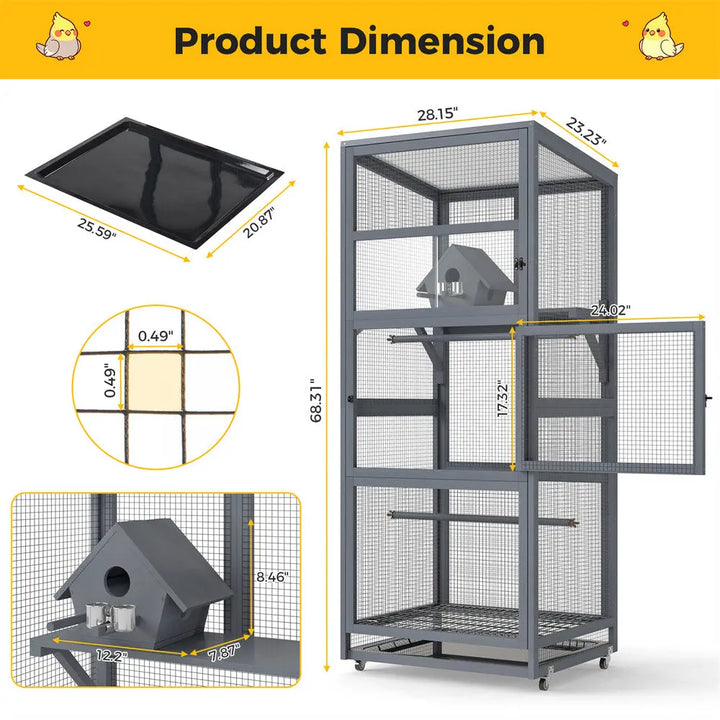 Coziwow 68"H Gray Wooden Bird Cage with Wheels Coziwow