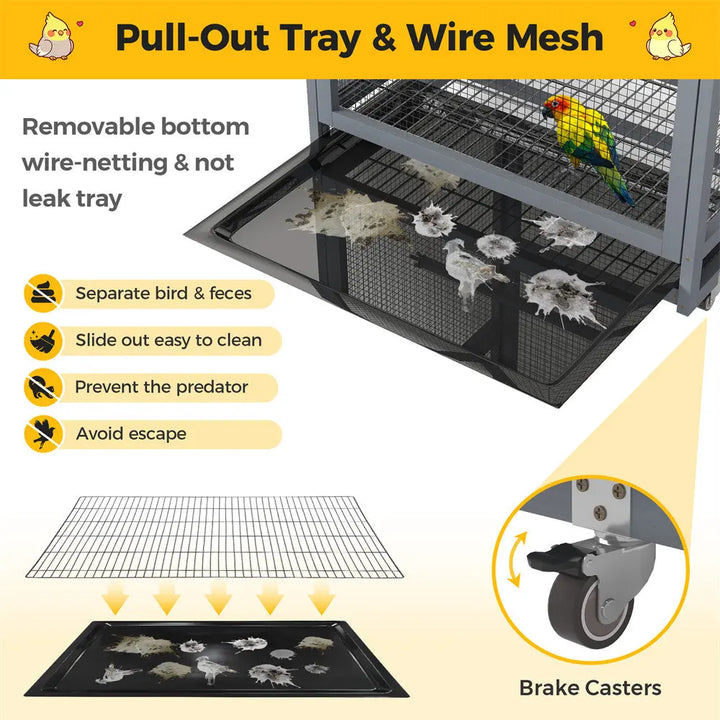 Coziwow 68"H Gray Wooden Bird Cage with Wheels Coziwow