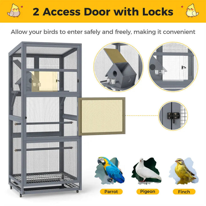 Coziwow 68"H Gray Wooden Bird Cage with Wheels Coziwow