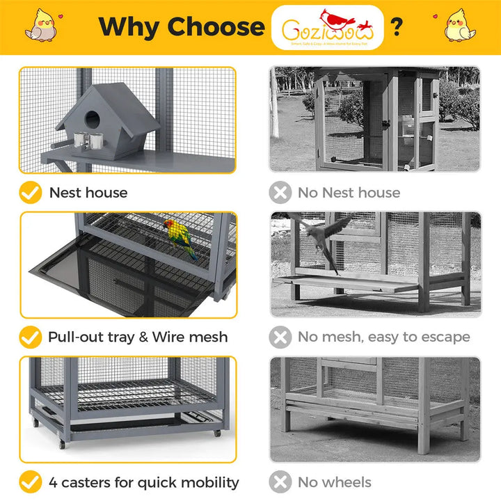 Coziwow 68"H Gray Wooden Bird Cage with Wheels Coziwow