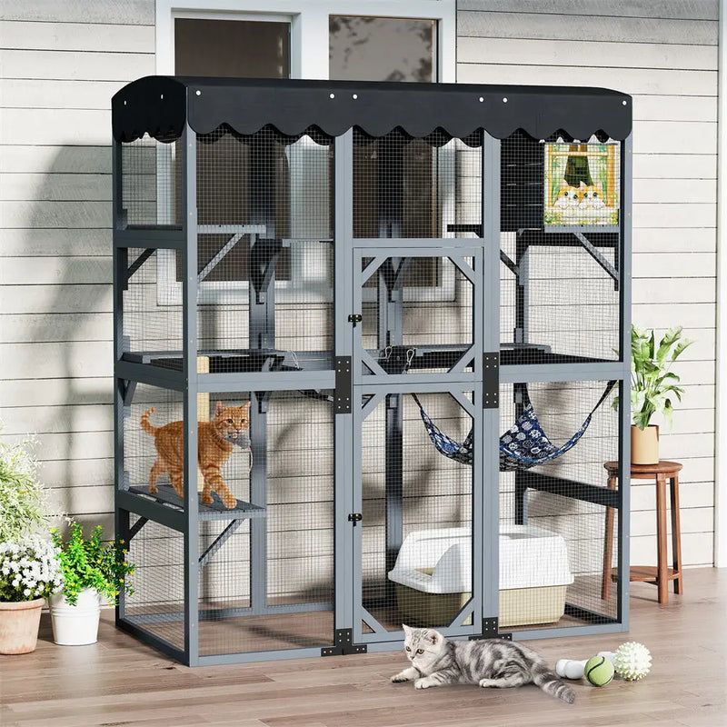62"L Large Gray Wooden Cat Cage with Rainproof Cover