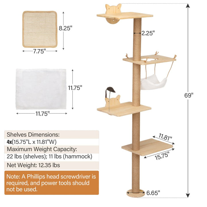 Coziwow 69"H Wall Mounted Cat Climbing Tree-CW12P0514 Dimensions
