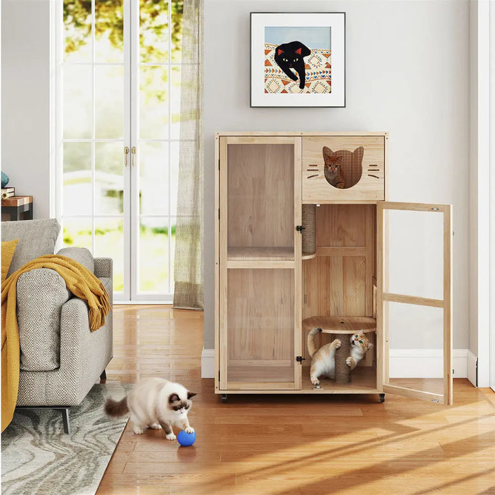 Coziwow 32.5"L Multi-Level Solid Wood Cat Cabinet