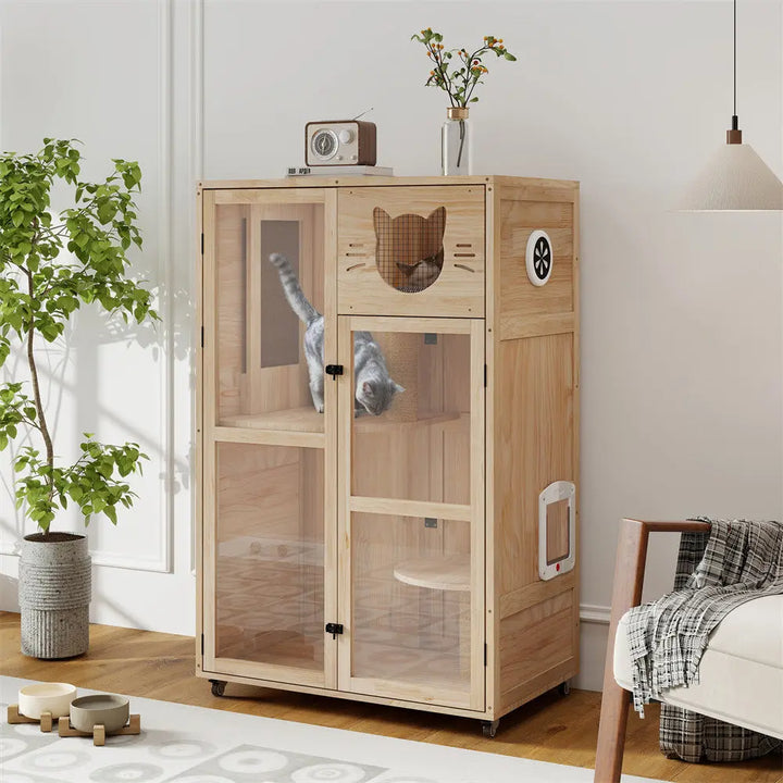 Coziwow 32.5"L Multi-Level Solid Wood Cat Cabinet