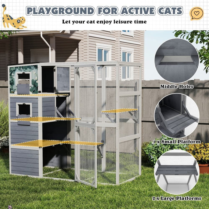 Coziwow 76″L 4-Tier Custom Outdoor Cat Enclosure Gray Patterned-CW12R0731