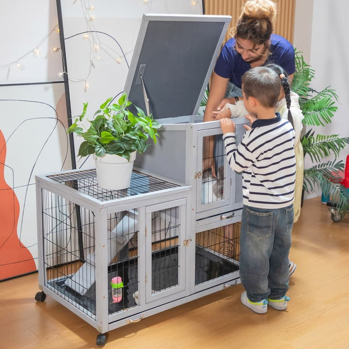 Coziwow 39″L 2-Tier Wheeled Wooden Bunny Hutch Gray-CW12U0608