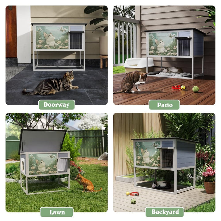 Coziwow 35''L Raised Wooden Cat House Basic Patterned-CW12U0752