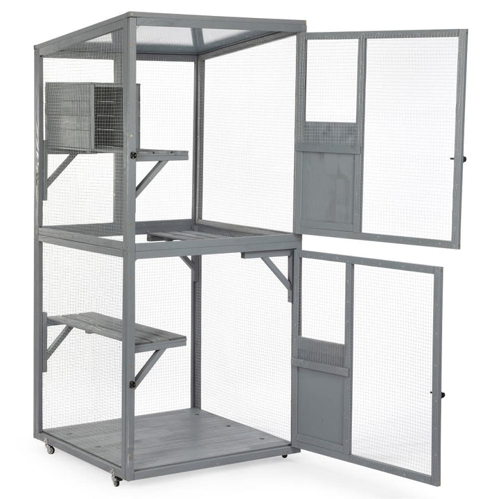 Coziwow 31.5"L 2-Tier Wheeled Cat Cage Gray Plain-CW12L0673