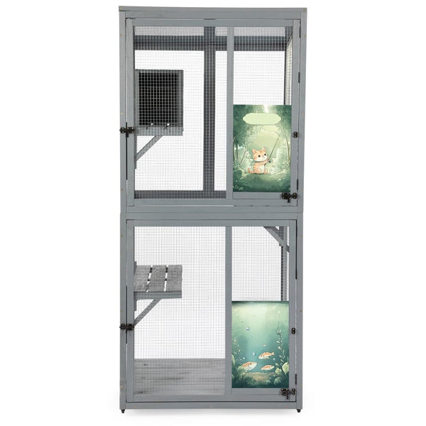 Coziwow 31.5"L 2-Tier Wheeled Cat Cage Gray Patterned-CW12A0720