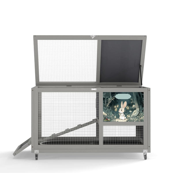Coziwow 35"L Wheeled Wooden Cage for Rabbits Gray Patterned-CW12Y0719