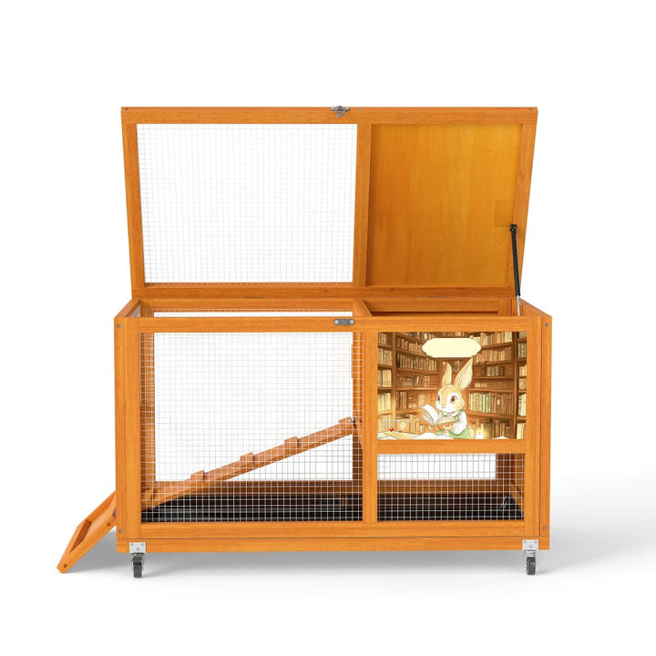 Coziwow 35"L Wheeled Wooden Cage for Rabbits Orange Patterned-CW12P0730