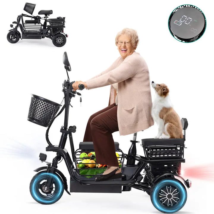 electric dog stroller Jaxpety 48V Foldable Electric Tricycle for Adults, Electric Trike with 3 Seats, 3 Baskets, Remote Alarm System, LED Display, Black