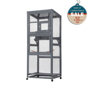 68"H Large Wood Bird Cage on Wheels, Parrot Cage with Pull Out Tray and Feeder, Gray CW12H0635