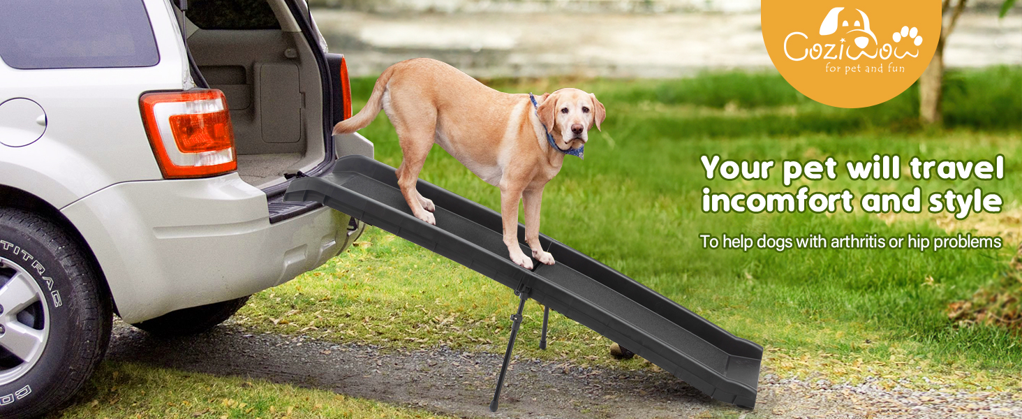 ​61″L Portable Folding Non-Slip Dog Ramp with Two Adjustable Support Legs, Water-Proof Sandpaper Surface CW12E0290A1464X6001