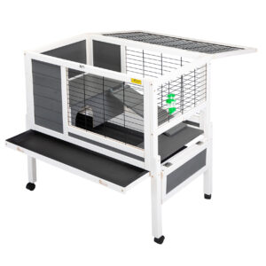 37"L Elevated Wood Rabbit Hutch With 4 Casters, for 1-2 Bunnies, Gray + White CW12G0472 51 1
