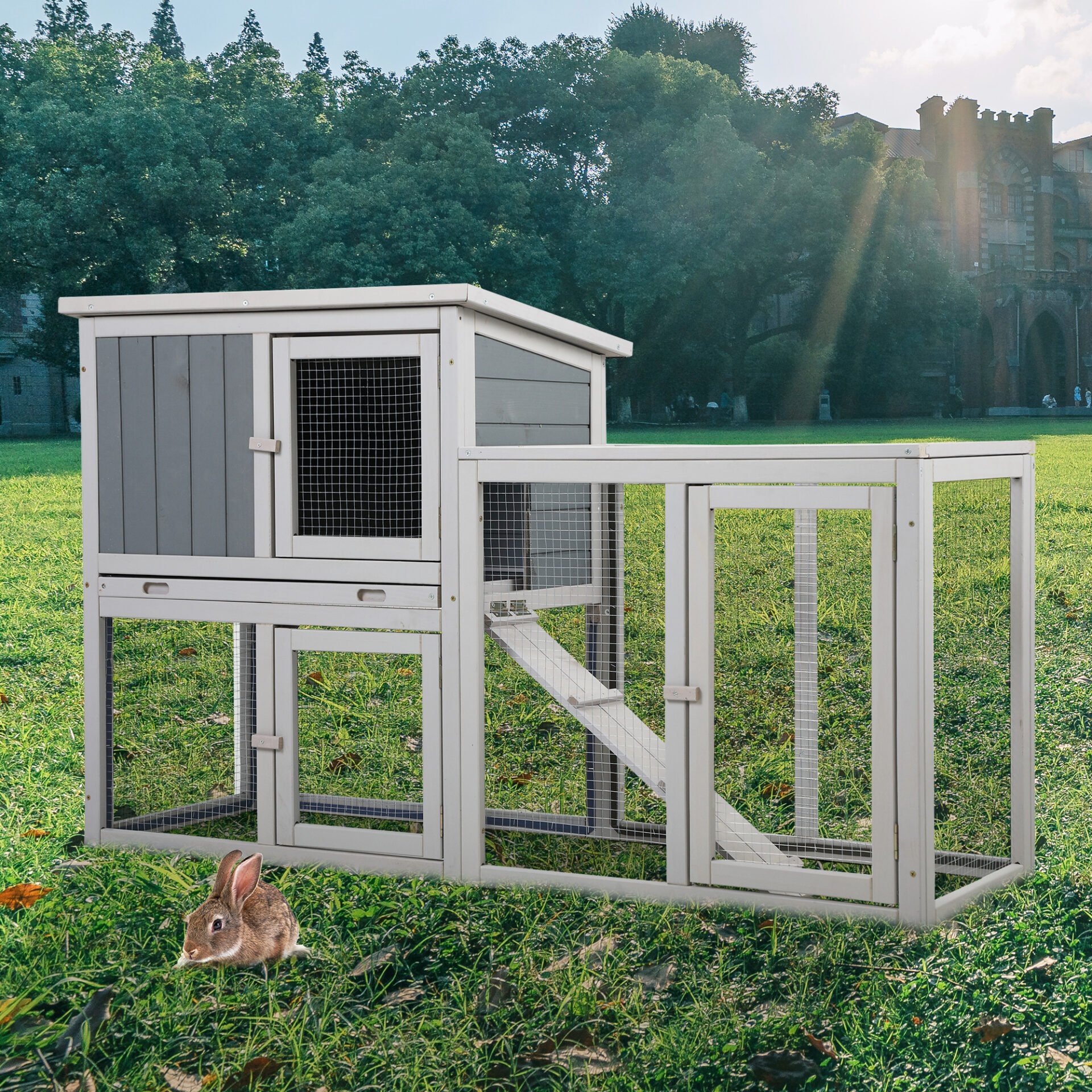 Outdoor Wooden Rabbit Hutch With Gridding Fence - Coziwow