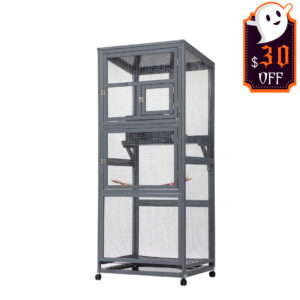 68"H Large Wood Bird Cage on Wheels, Parrot Cage with Pull Out Tray and Feeder, Gray CW12H0635 Halloween15