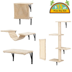 Cat Tree Climber Shelves, 5 Pcs Wood Wall-Mounted Cat Climber Set, Beige CW12E05061