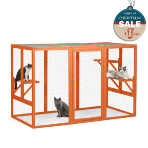 44"H Large Wooden Catio| Indoor and Outdoor Cat Enclosure with Asphalt Roof, for 2 Cats, Orange 151