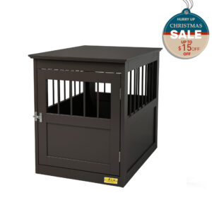 Luxury Wooden Dog Crate Furniture End Table with Door, Portable Small Dog House Indoor Use, with Waterproof Brown Lacquer Finish CW12G0328