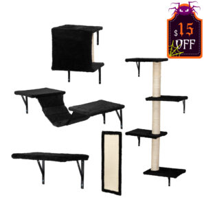 Cat Tree Climber Shelves, 5 Pcs Wood Wall-Mounted Cat Climber Set, Black CW12H0527