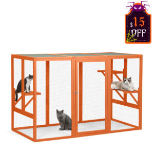 44"H Large Wooden Catio| Indoor and Outdoor Cat Enclosure with Asphalt Roof, for 2 Cats, Orange CW12W05193