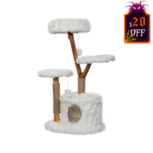 42"H Wood Cat Tree Climber Shelves, Natural Branch Cat Tower with Condo, White CW12K0528 2 cat50