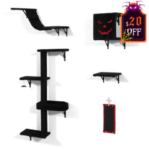 Gothic 5 Pcs Wall Mounted Cat Furniture, Cat Wall Climbing Shelves Set, DIY Cat Walls Playground, Black+Red CW12W0645