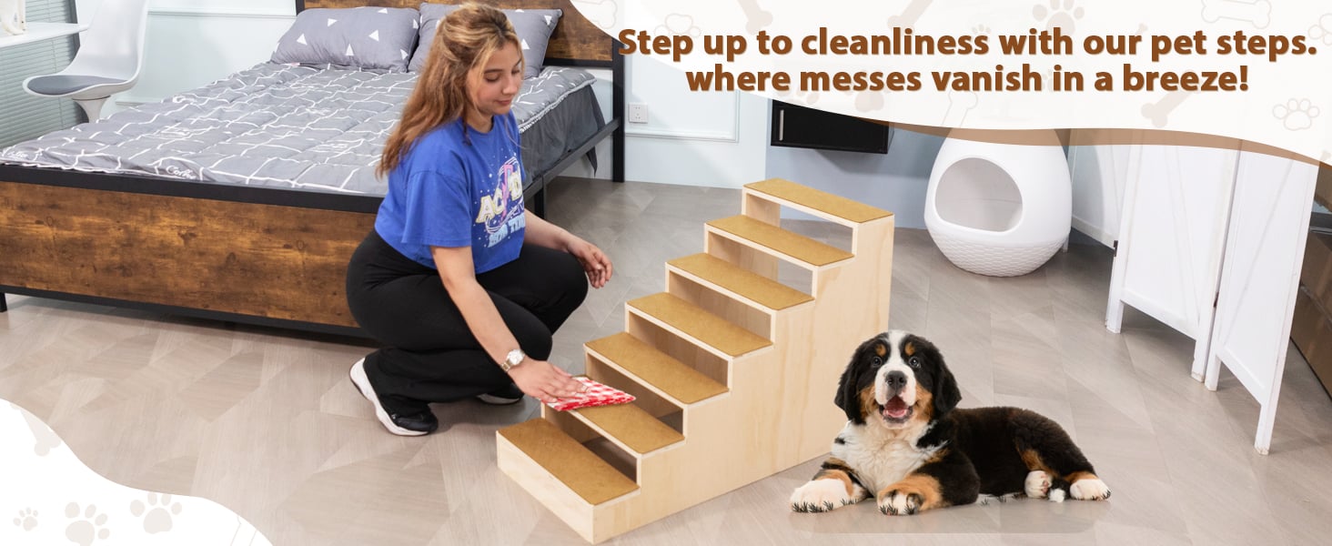 Wood Dog Stairs Climber, 7-Step Pet Ladder with Carpet Steps, Natural