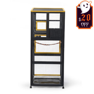 68″H Large Wood Bird Cage On Wheels, Parrot Cage With Pull Out Tray And Feeder, Black+Yellow CW12R0659