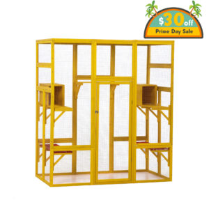 70″H Extra Large Wood Cat Enclosure| Walk-In Cat Playpen with Jumping Platforms, For 4 Cats, Yellow CW12F0615 New Products