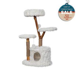 42"H Wood Cat Tree Climber Shelves, Natural Branch Cat Tower with Condo, White CW12K0528