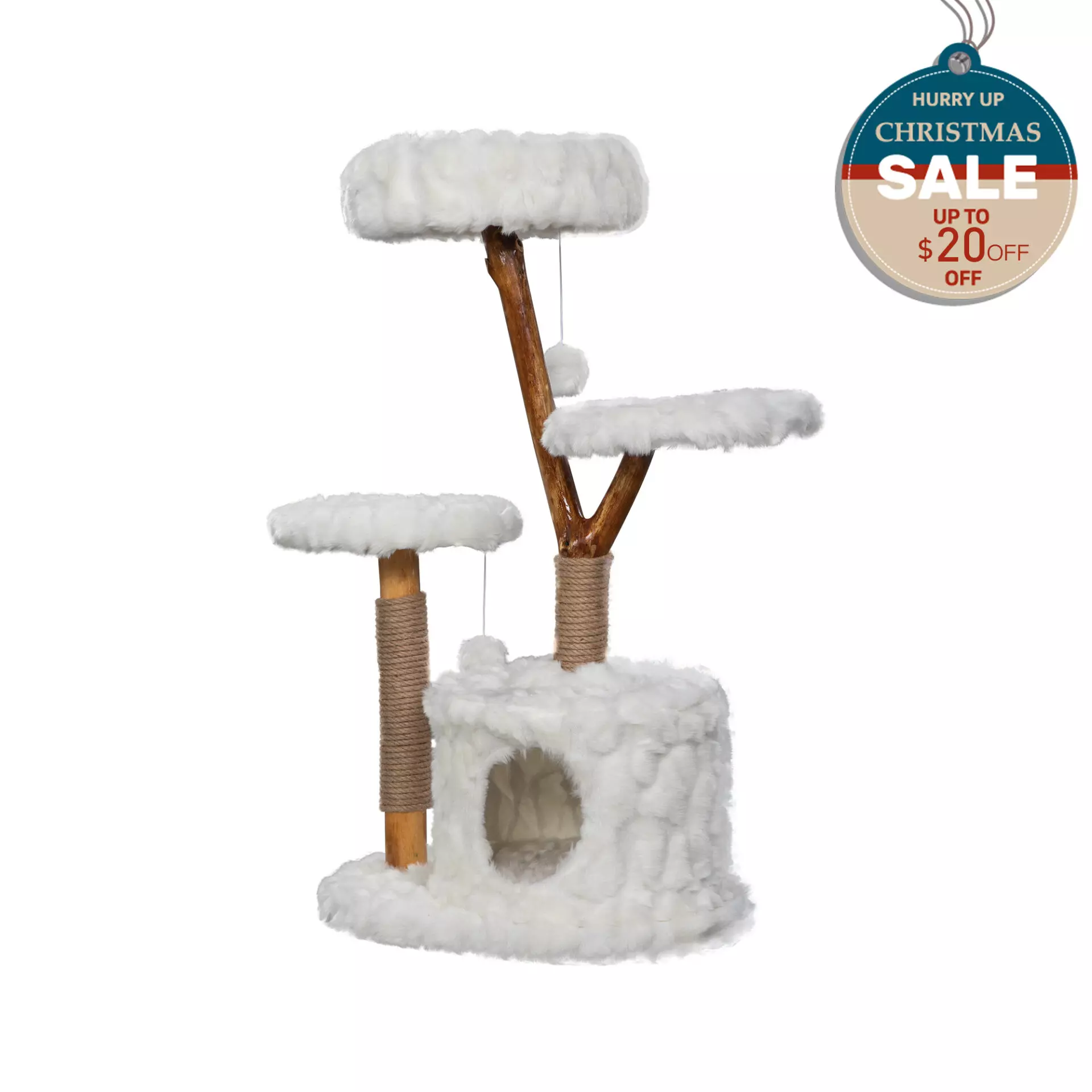 42 H Wood Cat Tree Climber Shelves Natural Branch Cat Tower with Condo White Coziwow