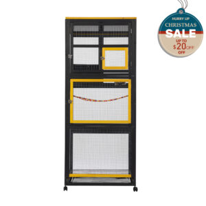 68″H Large Wood Bird Cage On Wheels, Parrot Cage With Pull Out Tray And Feeder, Black+Yellow CW12R0659