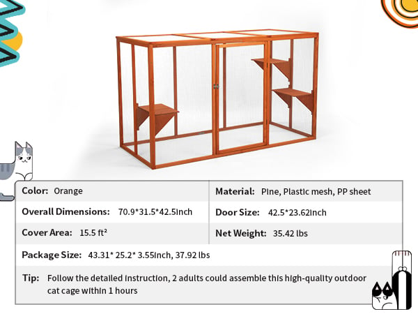 71″L Outdoor Cat Enclosure, Wood Large Cat Catio with Sunshine Panel, For 2 Cats, Orange CW12T0607A600X4501 1