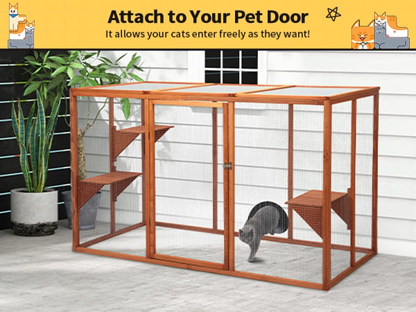 71″L Outdoor Cat Enclosure, Wood Large Cat Catio with Sunshine Panel, For 2 Cats, Orange CW12T0607A600X4504 1