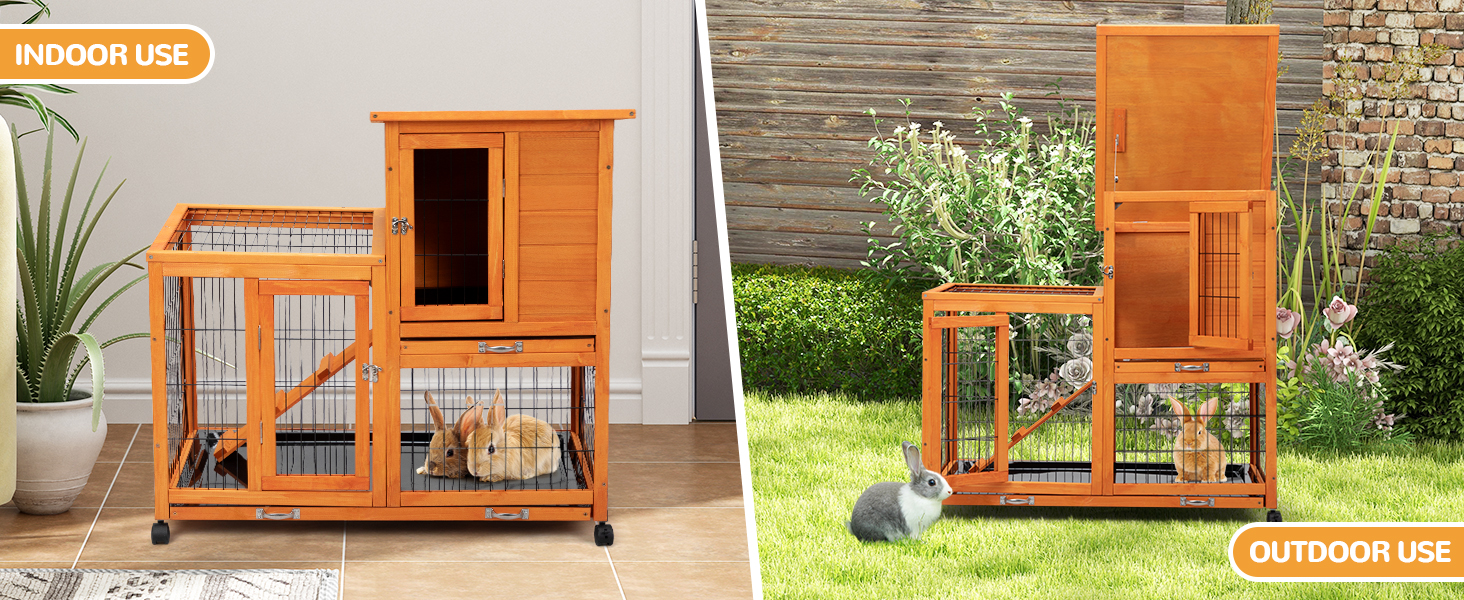 39"L 2-Tier Wooden Rabbit Hutch with Wheels and 2 Pull Out Trays, for 1-2 Bunnies CW12S0624A1464X6001