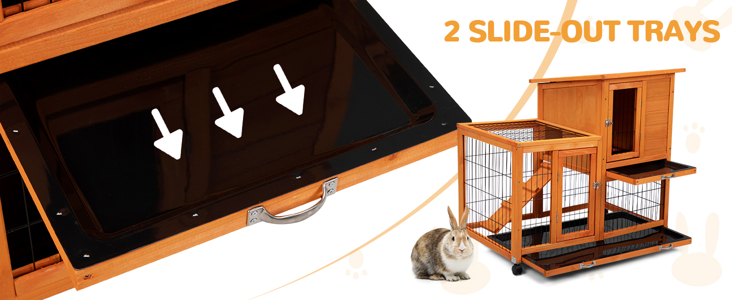 39"L 2-Tier Wooden Rabbit Hutch with Wheels and 2 Pull Out Trays, for 1-2 Bunnies CW12S0624A1464X6002