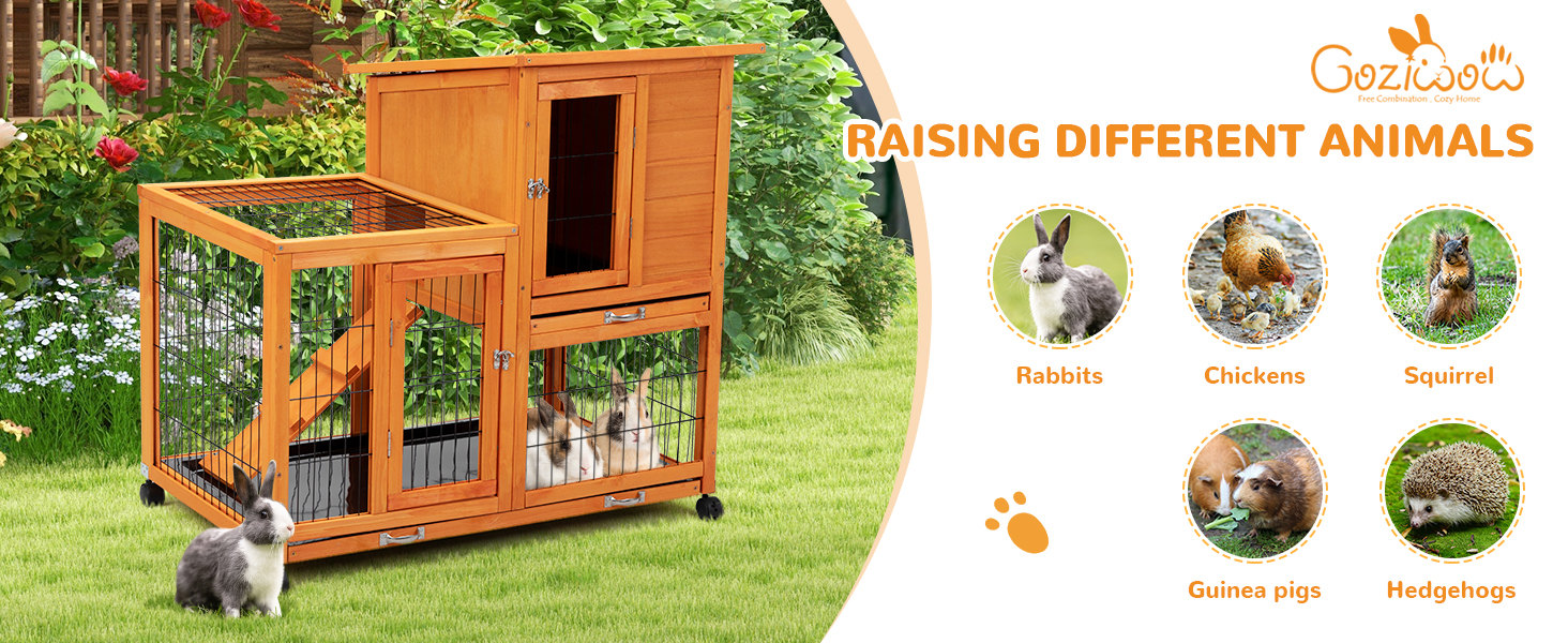 39"L 2-Tier Wooden Rabbit Hutch with Wheels and 2 Pull Out Trays, for 1-2 Bunnies CW12S0624A1464X6004