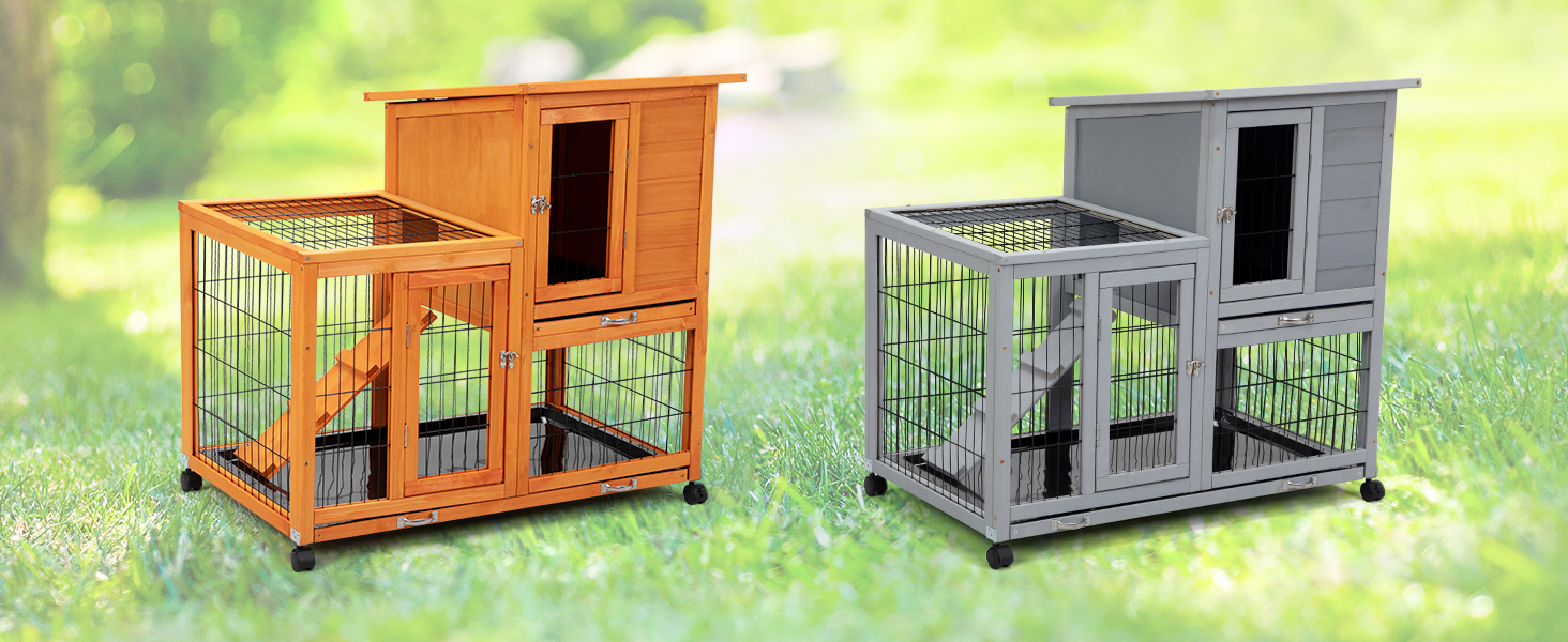 39"L 2-Tier Wooden Rabbit Hutch with Wheels and 2 Pull Out Trays, for 1-2 Bunnies CW12S0624A1464X6005