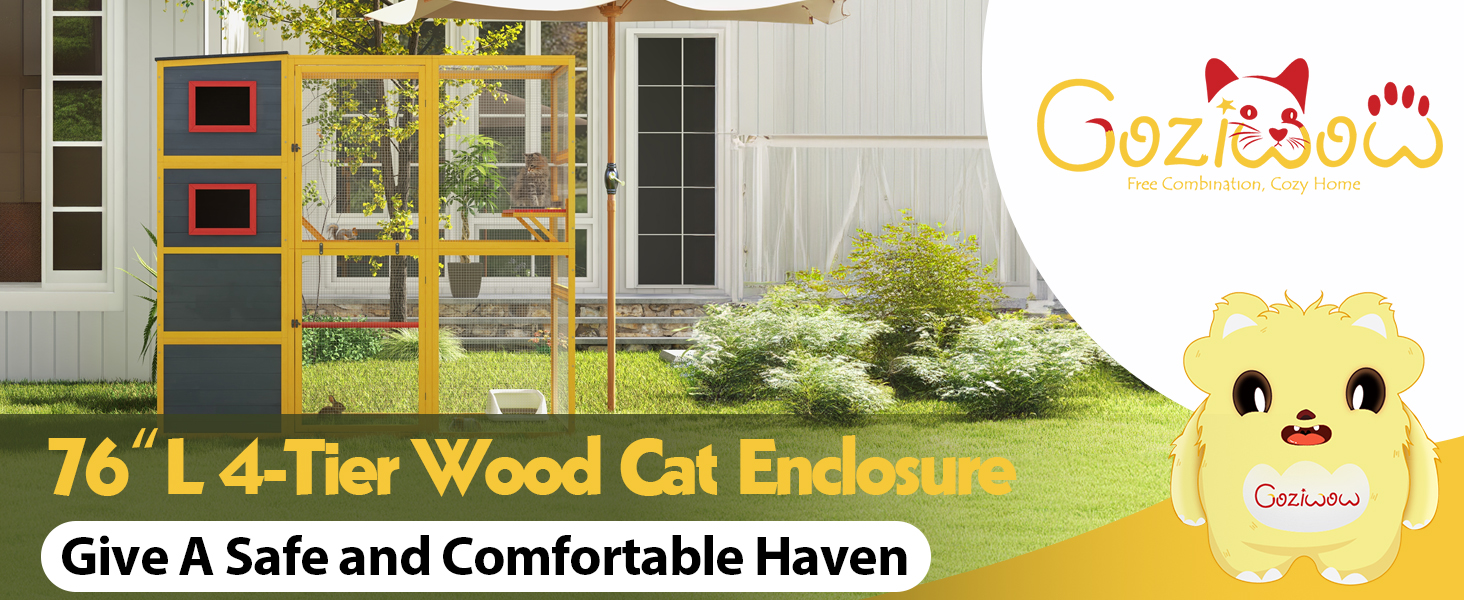 76″L 4-Tier Extra Large Outdoor Cat Enclosure, Wood Cat Catio With Weatherproof Roof, For 3-4 Cats, Yellow CW12W0627 zxx 1464x600 1