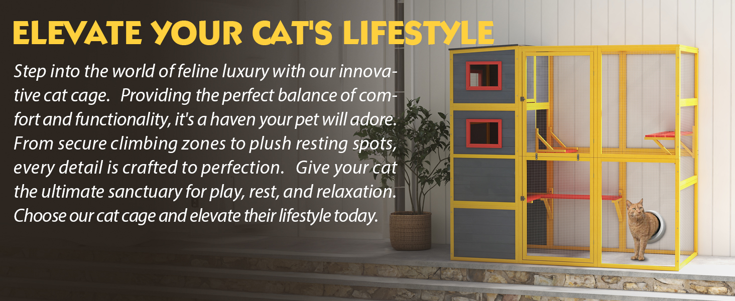 76″L 4-Tier Extra Large Outdoor Cat Enclosure, Wood Cat Catio With Weatherproof Roof, For 3-4 Cats, Yellow CW12W0627 zxx