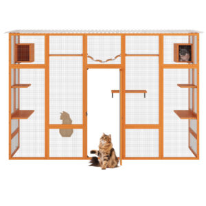 104"L Extra Large Outdoor Cat Enclosure, Wooden Cat Playpen House with Condos, Bridge, and Scratching Board, For 3-4 Cats CW12Y0629zt 2000X20004