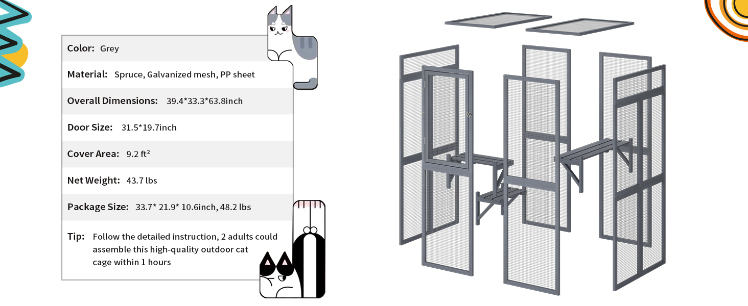 64"H Wooden Outdoor Cat Enclosure, Large Cat House with 3 Platforms, Hammock CW12L0619A1464X6001